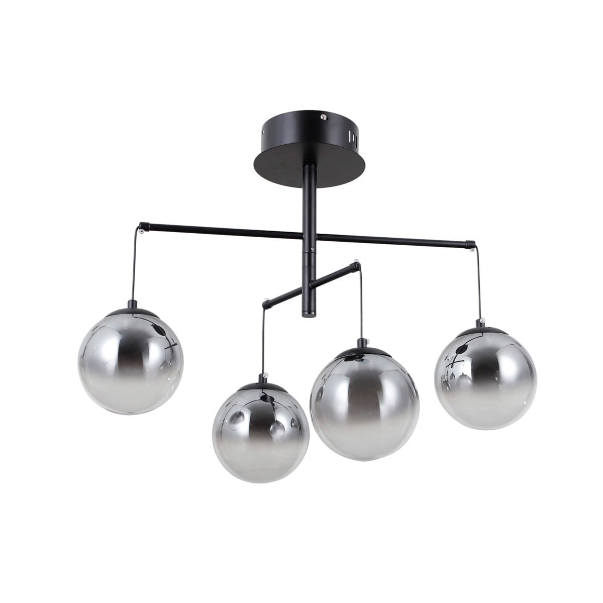 Czarna lampa sufitowa Velada z czterema kulistymi kloszami w metalicznym wykończeniu. Ujęcie frontalne, zawieszona na prostym, czarnym stelażu. Klosze mają gładką fakturę, a lampa jest w stylu nowoczesnym.