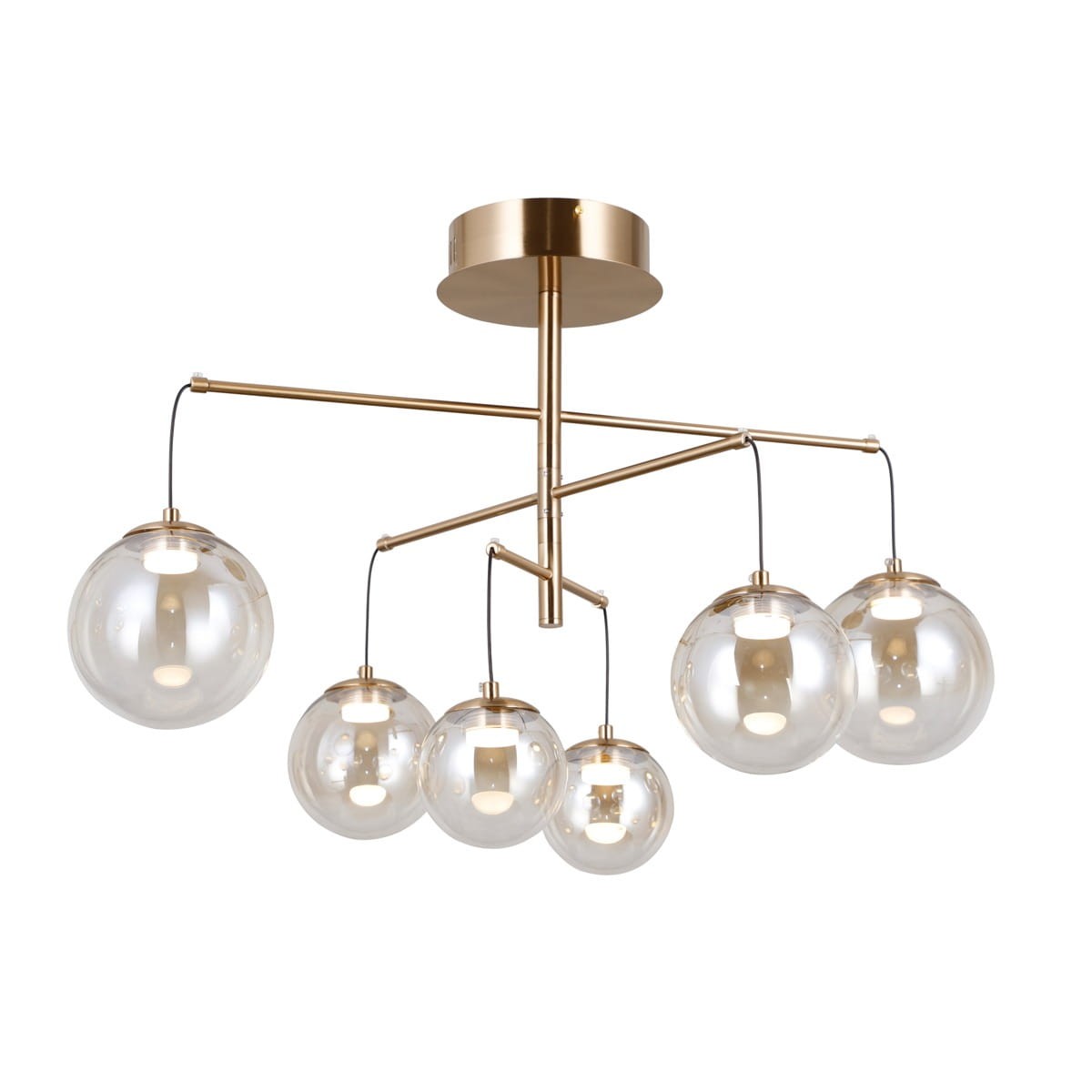 Lampa sufitowa Velada z sześcioma kloszami LED, o złotej metalowej konstrukcji. Klosze w formie przezroczystych kul zawieszone na cienkich linkach, z widocznymi źródłami światła. Całość zamontowana na okrągłej podstawie.