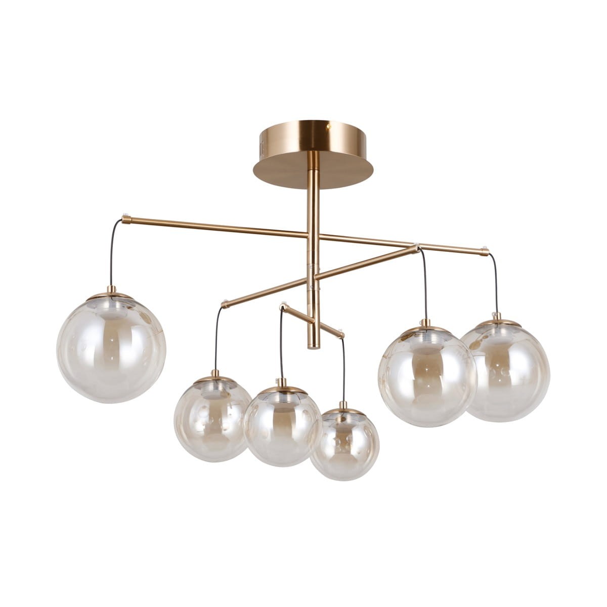 Lampa sufitowa Velada z sześcioma szklanymi kulami, zawieszona na złotym stelażu. Kule mają przezroczyste wykończenie, a całość utrzymana jest w nowoczesnym stylu. Produkt zamontowany na okrągłej podstawie.