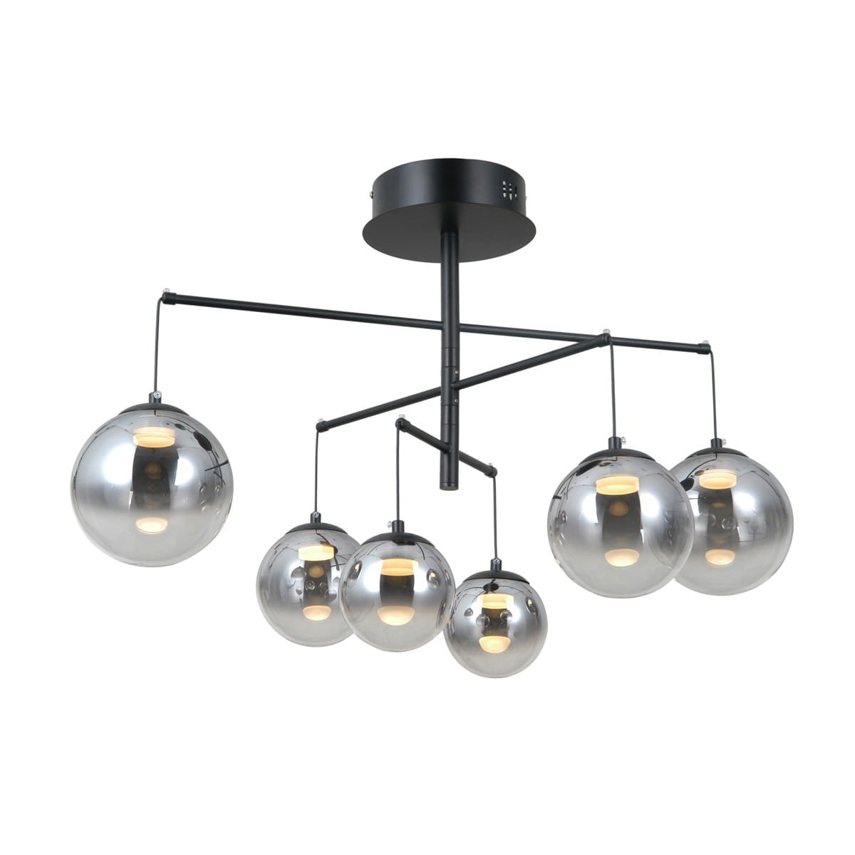 Lampa sufitowa Velada z sześcioma kulistymi kloszami w kolorze przezroczystym, zawieszona na czarnym metalowym stelażu. Każdy klosz osadzony na cienkiej rurce, układ asymetryczny. Źródło światła LED 30W. Idealna do nowoczesnych wnętrz.