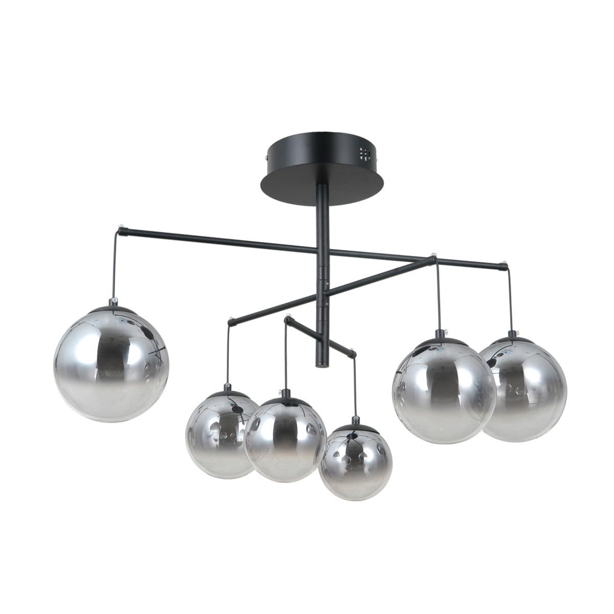 Lampa sufitowa Velada z sześcioma kulistymi kloszami w kolorze srebrnym, zawieszona na czarnym stelażu, z pięcioma przewodami. Klosze mają błyszczącą powierzchnię, a całość ma nowoczesny design. Idealna do nowoczesnych wnętrz.