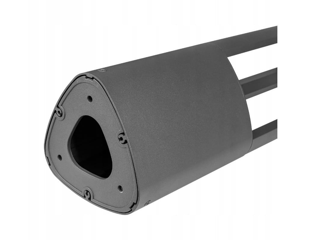 Lampa stojąca ogrodowa Mario H50 w kolorze antracytowym, z trójkątną podstawą. Widoczny górny otwór na źródło światła GX53 oraz metalowe nogi. Produkt ustawiony w pozycji pionowej, na jednolitym tle.