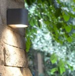 Kinkiet elewacyjny Luna w kolorze szarym antracytowym, zamontowany na ścianie z kamienia, emitujący światło w dół. Kształt cylindryczny, prosty design, idealny do oświetlenia ogrodu lub elewacji budynku. Tło z zielonymi liśćmi.