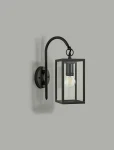Malmo kinkiet elewacyjny ścienny 1-punktowy w kolorze grafitowym z metalową konstrukcją, prostokątnym kloszem z przezroczystego szkła, zawieszony na ścianie. Widoczna żarówka wewnątrz obudowy.