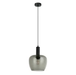 Lampa wisząca Aprica w kolorze czarnym, z pojedynczym gniazdem E27. Okrągły klosz w szarym, przezroczystym szkle z teksturowaną powierzchnią. Produkt zawieszony na cienkim, czarnym kabelku, montowany do sufitu.