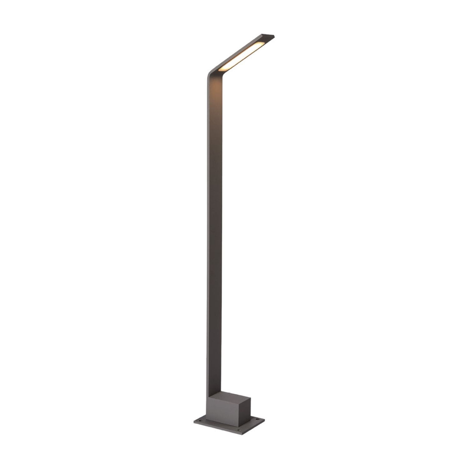 Lampa stojąca ogrodowa Agape 60 LED w kolorze grafitowym, o prostokątnym kształcie i smukłej sylwetce. Wyposażona w jednopunktowe źródło światła, umieszczona na kwadratowej podstawie, widok frontalny.