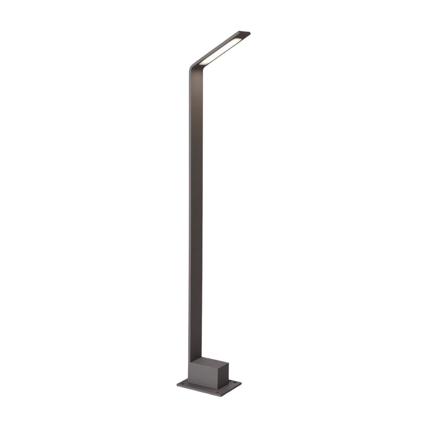 Lampa stojąca ogrodowa Agape 60 LED w kolorze grafitowym, z prostą, smukłą konstrukcją i kwadratową podstawą. Kąt ujęcia frontalny, ukazujący górną część lampy z wbudowanym źródłem światła LED.