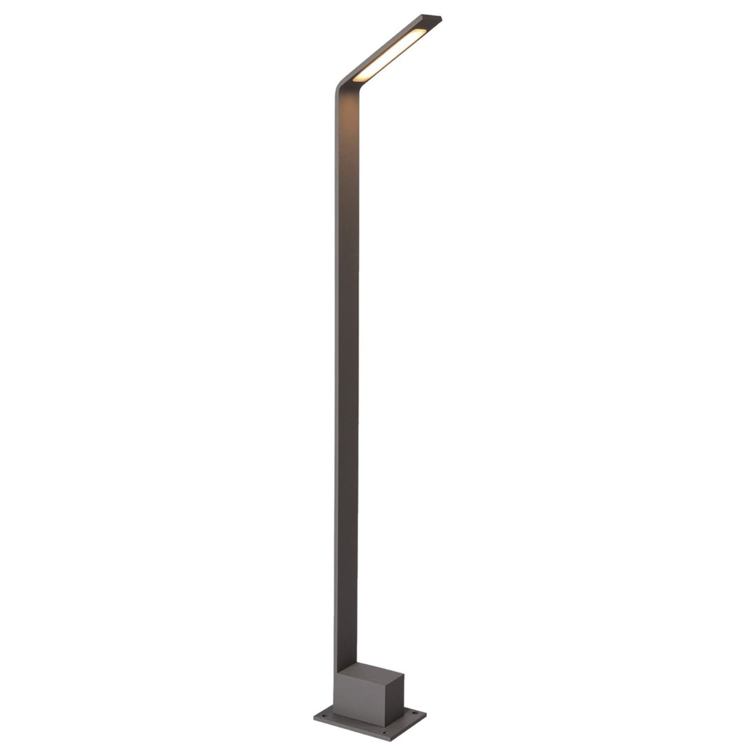 Lampa stojąca ogrodowa Agape 80 LED w kolorze grafitowym, o smukłym, prostokątnym kształcie, z wbudowanym źródłem światła na górze, umieszczona na kwadratowej podstawie. Ujęcie frontalne, na białym tle.