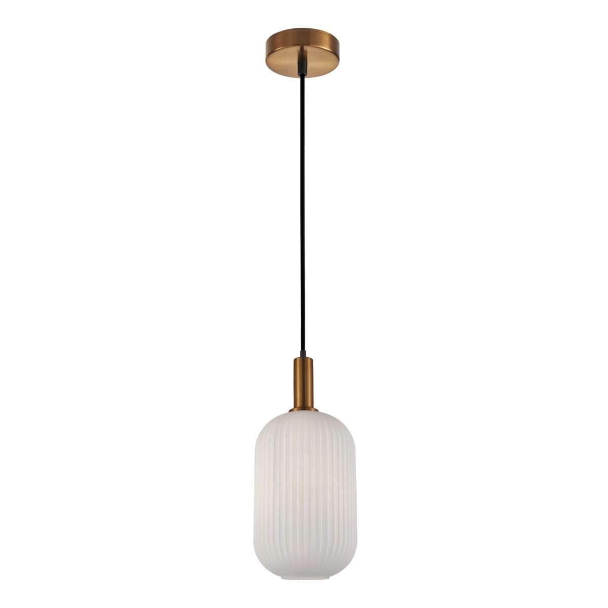 Lampa wisząca Della z jedną oprawą E27, z przezroczystym, żebrowanym kloszem w białym kolorze. Metalowy uchwyt w złotym odcieniu, zawieszona na czarnym przewodzie. Stylowe wzornictwo, idealna do nowoczesnych wnętrz.