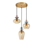 Lampa wisząca Fanda 3xE27 w kolorze złotym z bursztynowymi kloszami. Trzy różne kształty szklanych kloszy, zawieszone na czarnych przewodach. Okrągła, złota podsufitka. Zastosowanie: oświetlenie wnętrz, nowoczesny design.