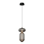 Lampa wisząca Nico z dymionego szkła, w kolorze czarnym, z dwiema żarówkami LED 11W. Okrągła, teksturowana obudowa z metalowymi detalami, zawieszona na cienkim przewodzie. Frontalne ujęcie, na jednolitym tle.