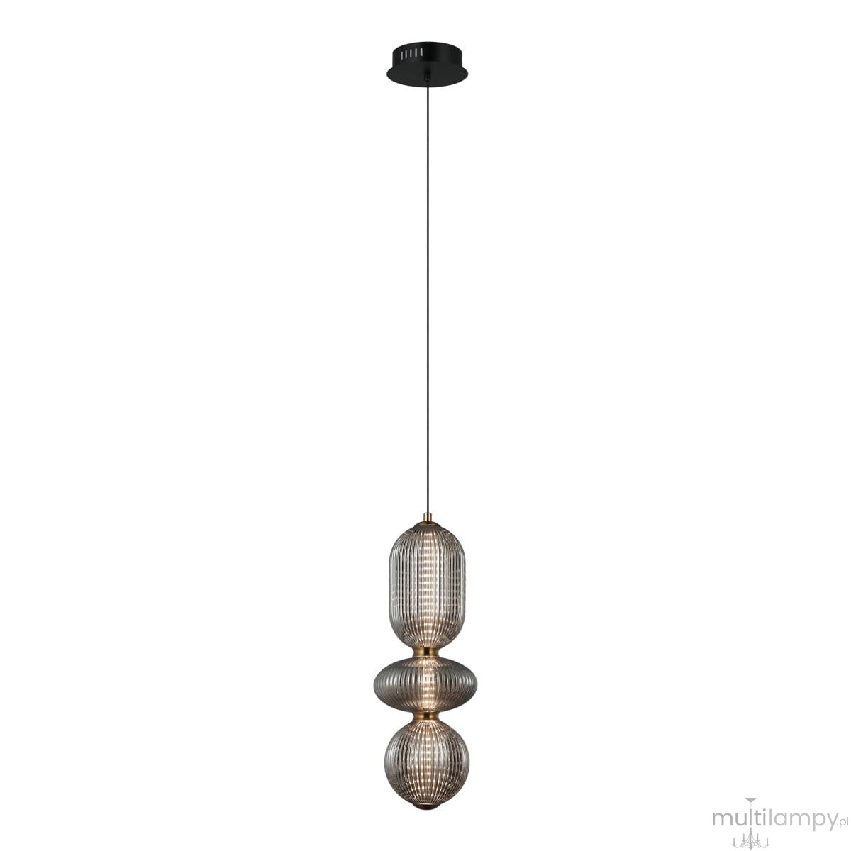 Lampa wisząca Nico 3xLED 15W w kolorze czarnym z dymionym szklanym kloszem. Ma trzy okrągłe elementy o teksturowanej powierzchni, zawieszona na cienkim kablu. Ujęcie z boku, z widocznym sufitem.