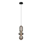 Lampa wisząca Nico 3xLED 15W w kolorze czarnym z dymionym szklanym kloszem. Ma trzy okrągłe elementy o teksturowanej powierzchni, zawieszona na cienkim kablu. Ujęcie z boku, z widocznym sufitem.
