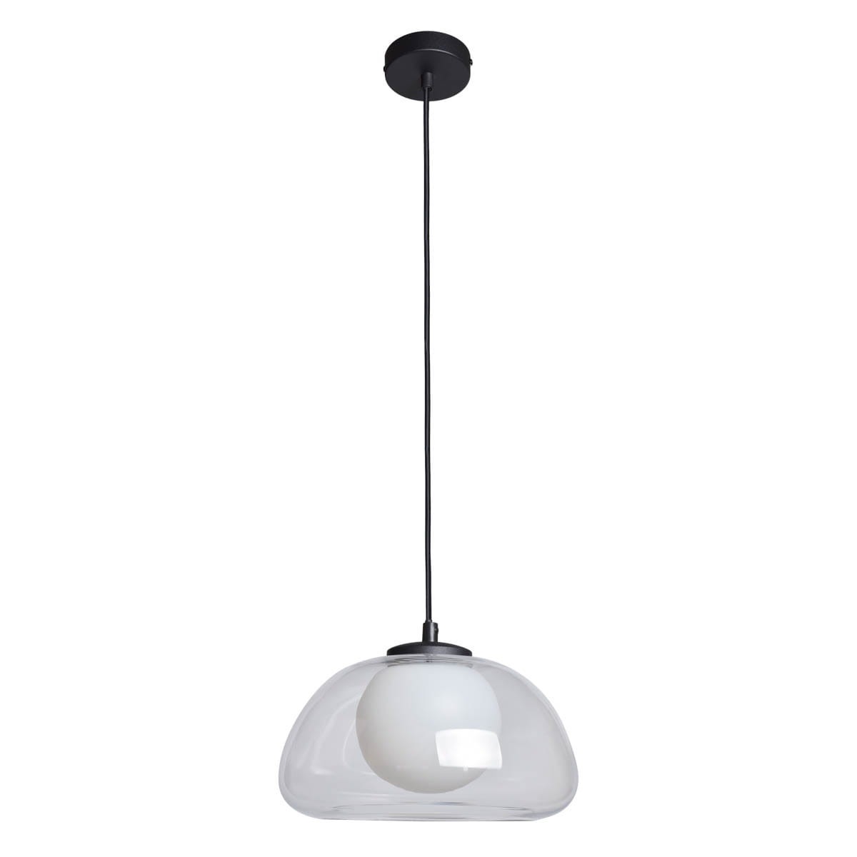 Lampa wisząca Ainale 1xG9 w kolorze czarnym z przeźroczystym kloszem. Okrągły, biały element wewnętrzny. Produkt zawieszony na długim, czarnym przewodzie. Ujęcie frontalne, na białym tle, ukazujące całość lampy.