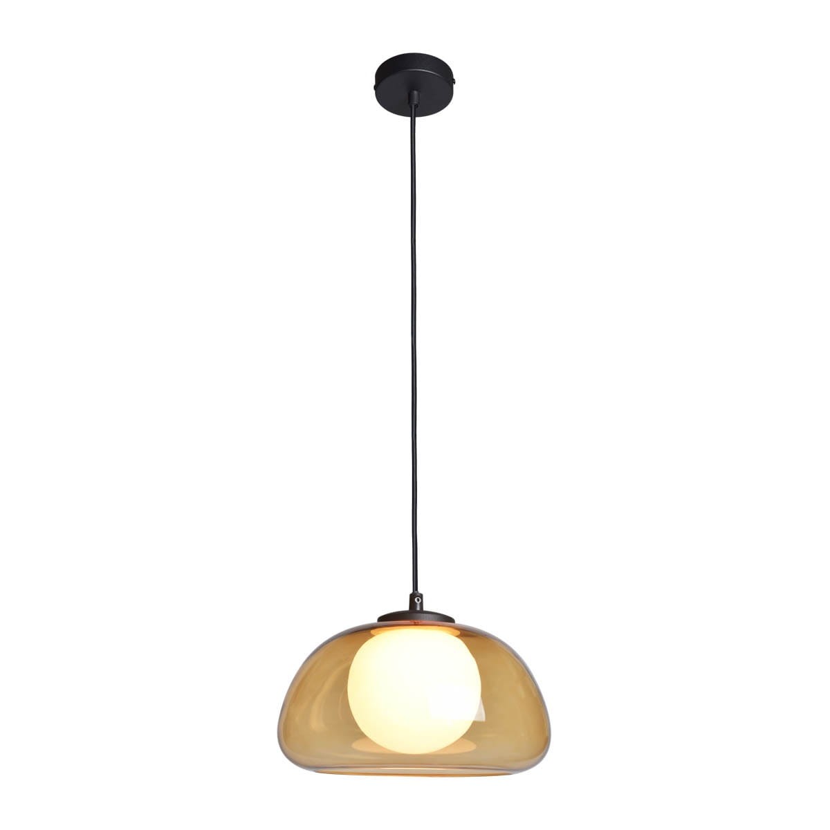 Czarna lampa wisząca Ainale z bursztynowym kloszem, zawieszona na cienkim kablu. Okrągła, matowa żarówka G9 umieszczona w przezroczystym, bursztynowym kloszu o gładkiej powierzchni. Idealna do nowoczesnych wnętrz.