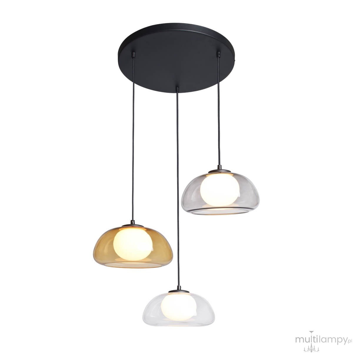 Lampa wisząca Ainale 3xG9 w kolorze czarnym z trzema kloszami: przezroczystym, matowym i złotym. Klosze mają kształt bańki, zawieszone na czarnych przewodach. Montaż sufitowy na okrągłej podstawie. Idealna do nowoczesnych wnętrz.