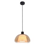 Lampa wisząca Apiro z jednym gniazdem E27, czarna. Klosz w kolorze bursztynowym, z wyraźnymi żłobieniami. Produkt zawieszony na długim, czarnym przewodzie. Nowoczesny design, idealny do różnych aranżacji wnętrz.