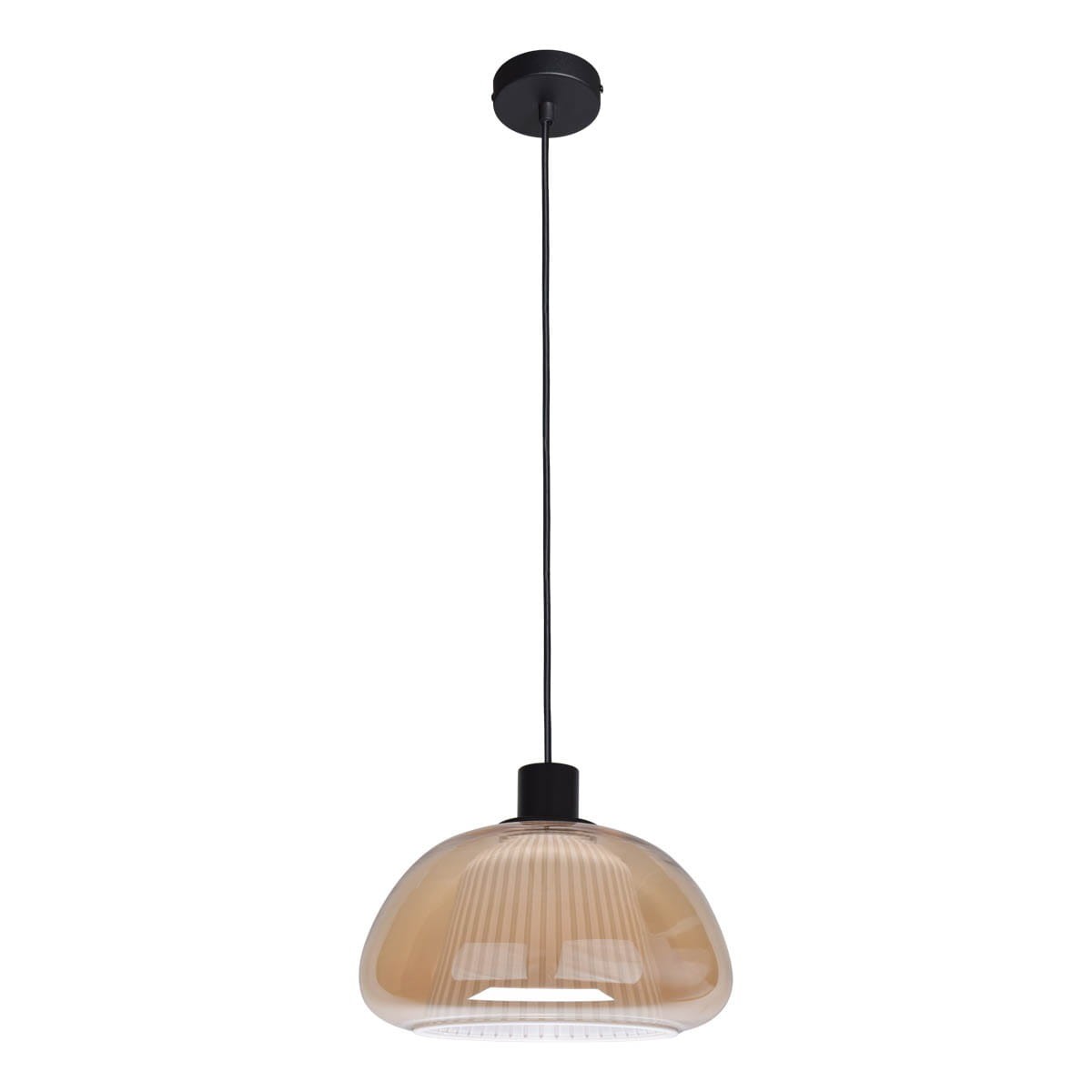 Lampa wisząca Apiro 1xE27 w kolorze czarnym z bursztynowym kloszem. Okrągły, lekko zaokrąglony kształt klosza z teksturą. Zawieś na długim czarnym przewodzie, montowana do sufitu. Proste tło podkreśla elegancki design.