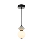 Lampa wisząca Balos 1xLED 5W w kolorze czarnym z okrągłym, matowym kloszem. Produkt zawieszony na cienkim, czarnym przewodzie, z metalowym mocowaniem sufitowym. Klosz w kształcie kuli z lekko przezroczystym wykończeniem.