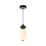 Lampa wisząca Balos 1xLED 7W w kolorze czarnym. Owalny klosz z białego szkła, z czarną metalową podstawą, zawieszona na cienkim przewodzie. Ujęcie frontalne, na jednolitym tle.