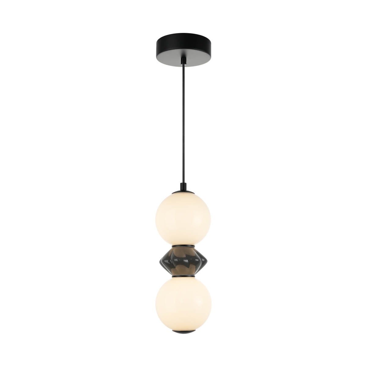 Lampa wisząca Balos z dwoma kulistymi kloszami w kolorze białym, połączonymi ciemnym akcentem. Zawieszona na cienkim czarnym przewodzie, z okrągłym czarnym mocowaniem sufitowym. Wbudowane diody LED 10W.