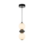 Lampa wisząca Balos z dwoma kulistymi kloszami w kolorze białym, połączonymi ciemnym akcentem. Zawieszona na cienkim czarnym przewodzie, z okrągłym czarnym mocowaniem sufitowym. Wbudowane diody LED 10W.