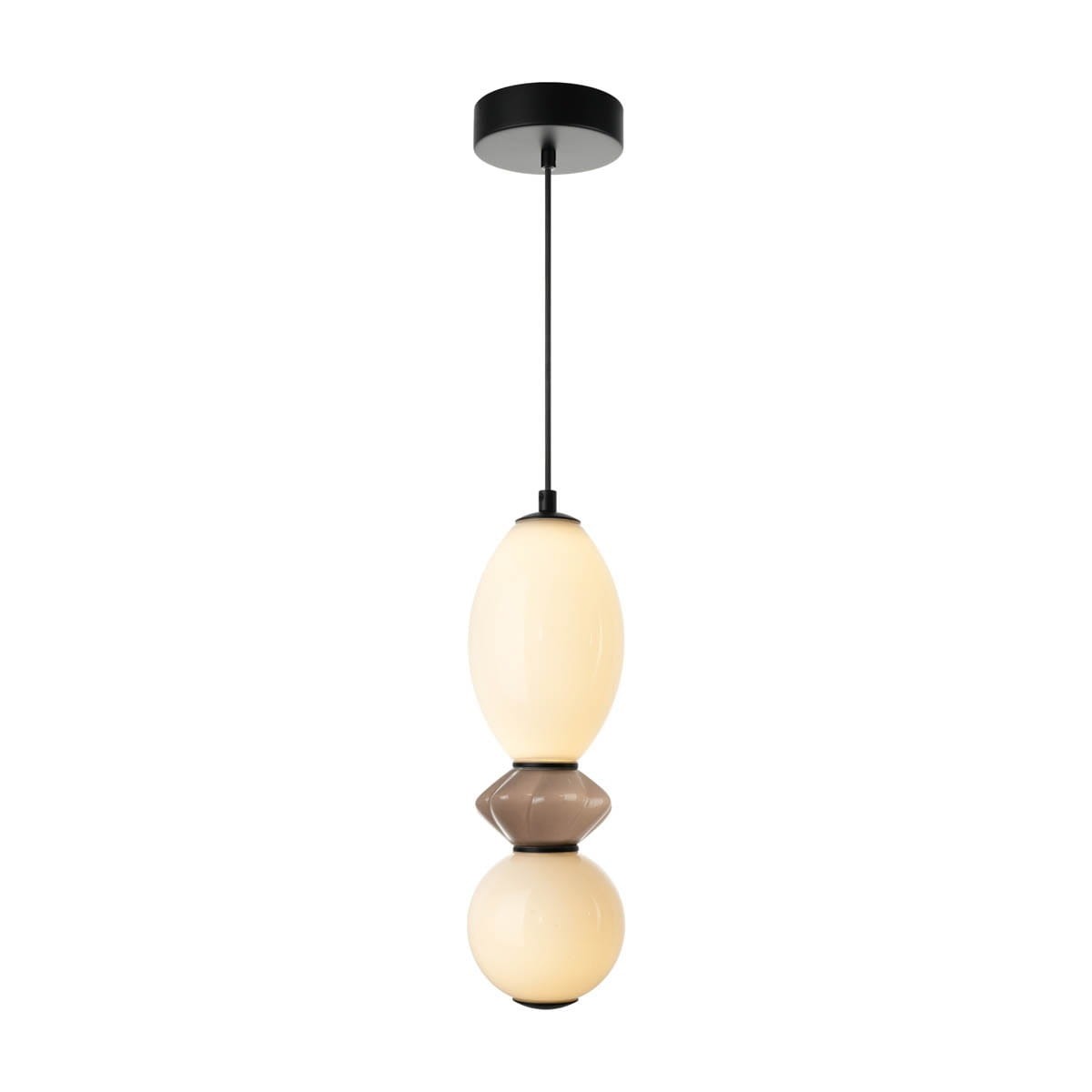 Lampa wisząca Balos z dwoma źródłami LED 10W, czarna, z oprawą w kształcie owalnym i cylindrycznym. Klosze w kolorze białym i brązowym, zawieszona na cienkim przewodzie z okrągłym mocowaniem sufitowym.
