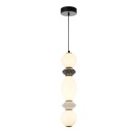 Lampa wisząca Balos 3xLED 14W w kolorze czarnym, z okrągłymi kloszami w odcieniach białym i szarym, zawieszona na cienkim kabelku. Kształt kloszy: dwa okrągłe oraz jeden eliptyczny. Prosta, nowoczesna konstrukcja.