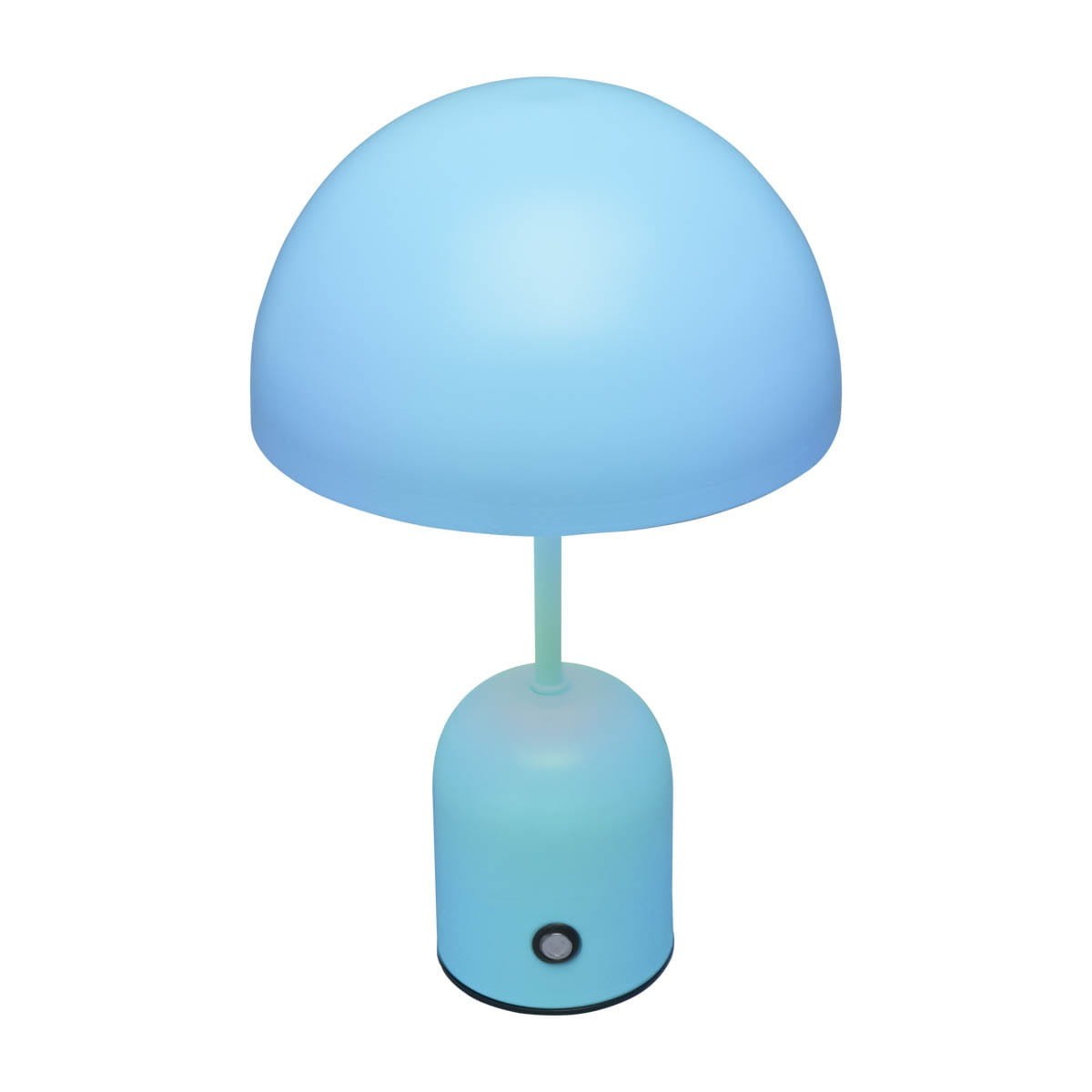 Lampa stołowa Cantia LED 2W w kolorze niebieskim, z półprzezroczystym kloszem w kształcie kopuły. Stojąca, z okrągłą podstawą i przyciskiem na froncie. Ujęcie frontalne.