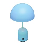 Lampa stołowa Cantia LED 2W w kolorze niebieskim, z półprzezroczystym kloszem w kształcie kopuły. Stojąca, z okrągłą podstawą i przyciskiem na froncie. Ujęcie frontalne.