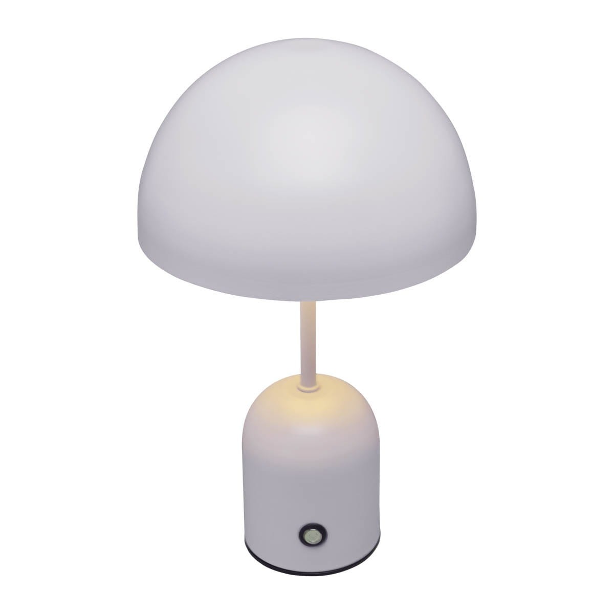 Lampa stołowa Cantia w kolorze szarym z jedną żarówką LED 2W. Okrągła, matowa klosz o zaokrąglonym kształcie osadzony na cylindrycznej podstawie. Widoczny przycisk włącznika na podstawie. Ujęcie frontalne.