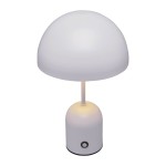 Lampa stołowa Cantia w kolorze szarym z jedną żarówką LED 2W. Okrągła, matowa klosz o zaokrąglonym kształcie osadzony na cylindrycznej podstawie. Widoczny przycisk włącznika na podstawie. Ujęcie frontalne.