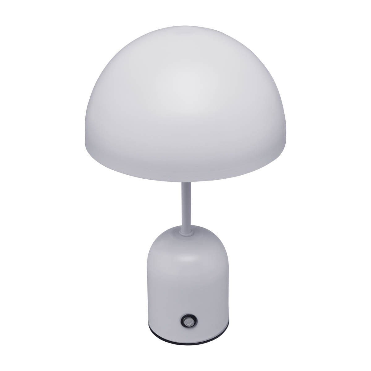 Lampa stołowa Cantia w kolorze szarym, z okrągłym kloszem i cylindryczną podstawą. Posiada wbudowane źródło LED 2W z funkcją zmiany temperatury barwowej. Widoczny przycisk włącznika na podstawie. Ujęcie frontalne.