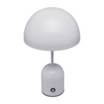 Lampa stołowa Cantia w kolorze szarym, z okrągłym kloszem i cylindryczną podstawą. Posiada wbudowane źródło LED 2W z funkcją zmiany temperatury barwowej. Widoczny przycisk włącznika na podstawie. Ujęcie frontalne.