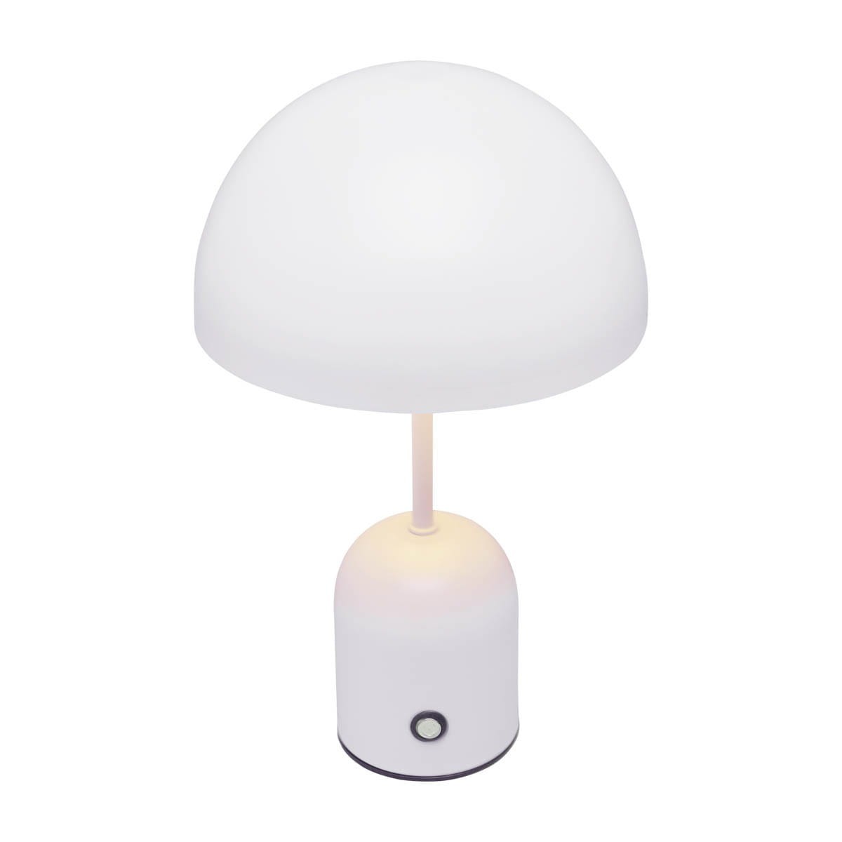 Lampa stołowa Cantia w kolorze białym, z półkulistym kloszem i cylindryczną podstawą. Wyposażona w diodę LED 2W z funkcją zmiany temperatury barwowej. Widoczny przycisk włącznika na podstawie. Ujęcie frontalne.