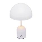 Lampa stołowa Cantia w kolorze białym, z półkulistym kloszem i cylindryczną podstawą. Wyposażona w diodę LED 2W z funkcją zmiany temperatury barwowej. Widoczny przycisk włącznika na podstawie. Ujęcie frontalne.