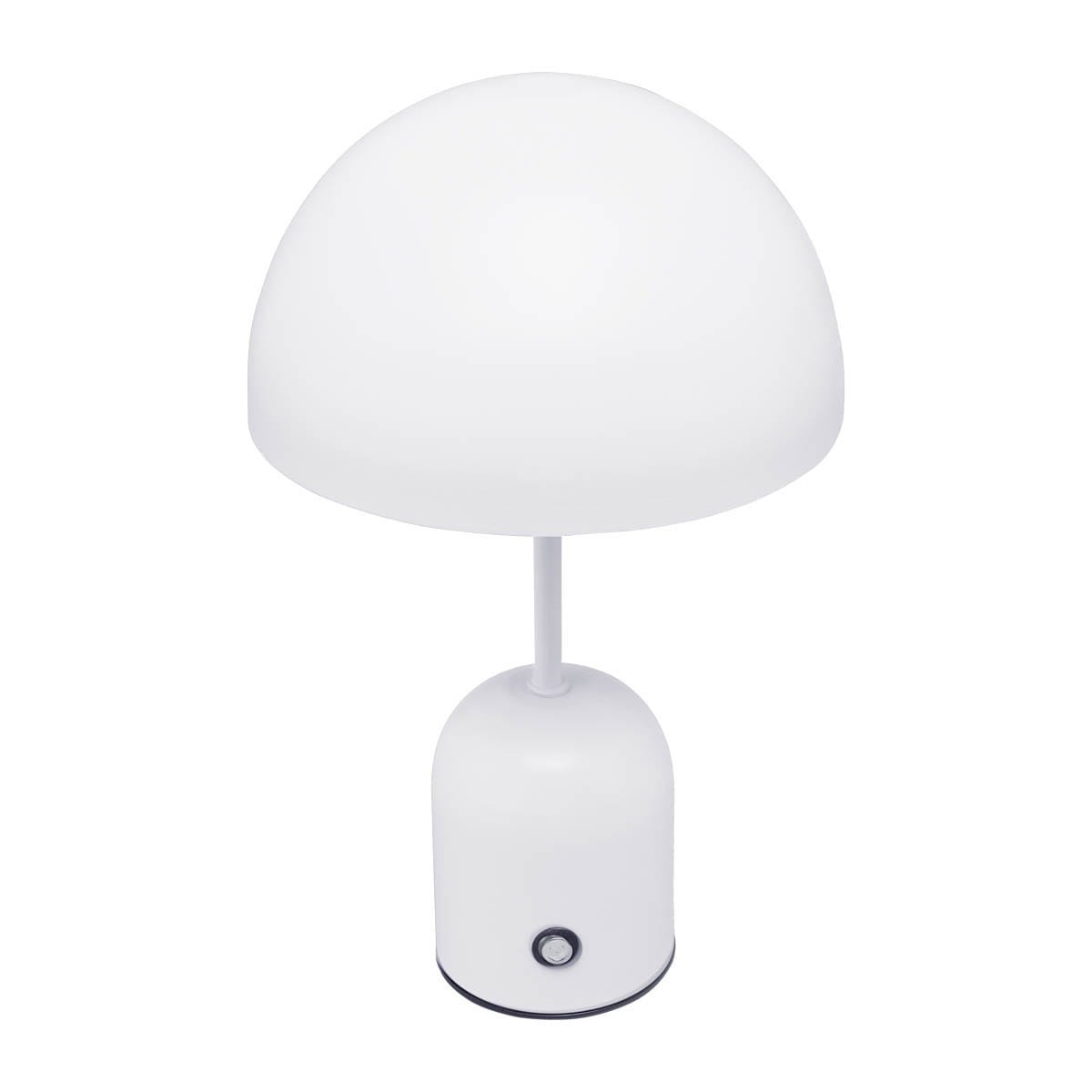 Lampa stołowa Cantia z białym, półkulistym kloszem na prostej, okrągłej podstawie. Wyposażona w 1xLED 2W, z przyciskiem na podstawie. Całość w minimalistycznym stylu, idealna do nowoczesnych wnętrz.