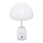 Lampa stołowa Cantia z białym, półkulistym kloszem na prostej, okrągłej podstawie. Wyposażona w 1xLED 2W, z przyciskiem na podstawie. Całość w minimalistycznym stylu, idealna do nowoczesnych wnętrz.