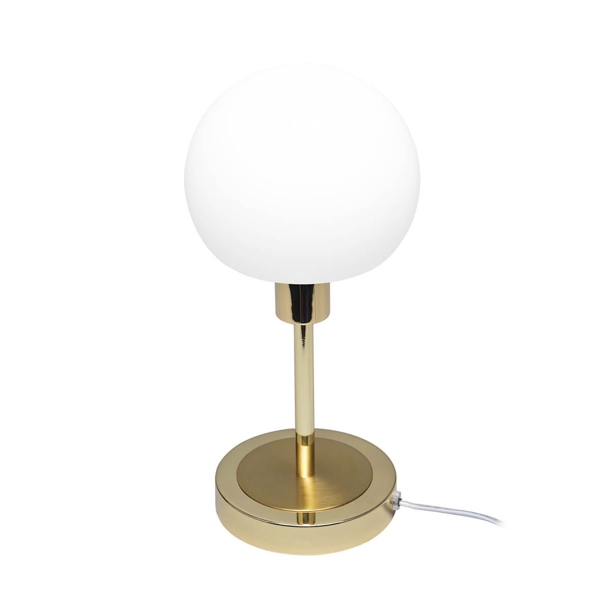 Lampa stołowa Cave z kulistym kloszem z białego szkła, na złotej metalowej podstawie. Produkt w pozycji stojącej, z widocznym kablem zasilającym. Stylowa, minimalistyczna forma idealna do nowoczesnych wnętrz.