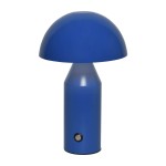 Niebieska lampa stołowa z jedną diodą LED 2W, o zaokrąglonym kloszu, umieszczona na cylindrycznej podstawie. Widoczny przycisk włączania na podstawie. Produkt prezentowany w pozycji stojącej na jednolitym tle.