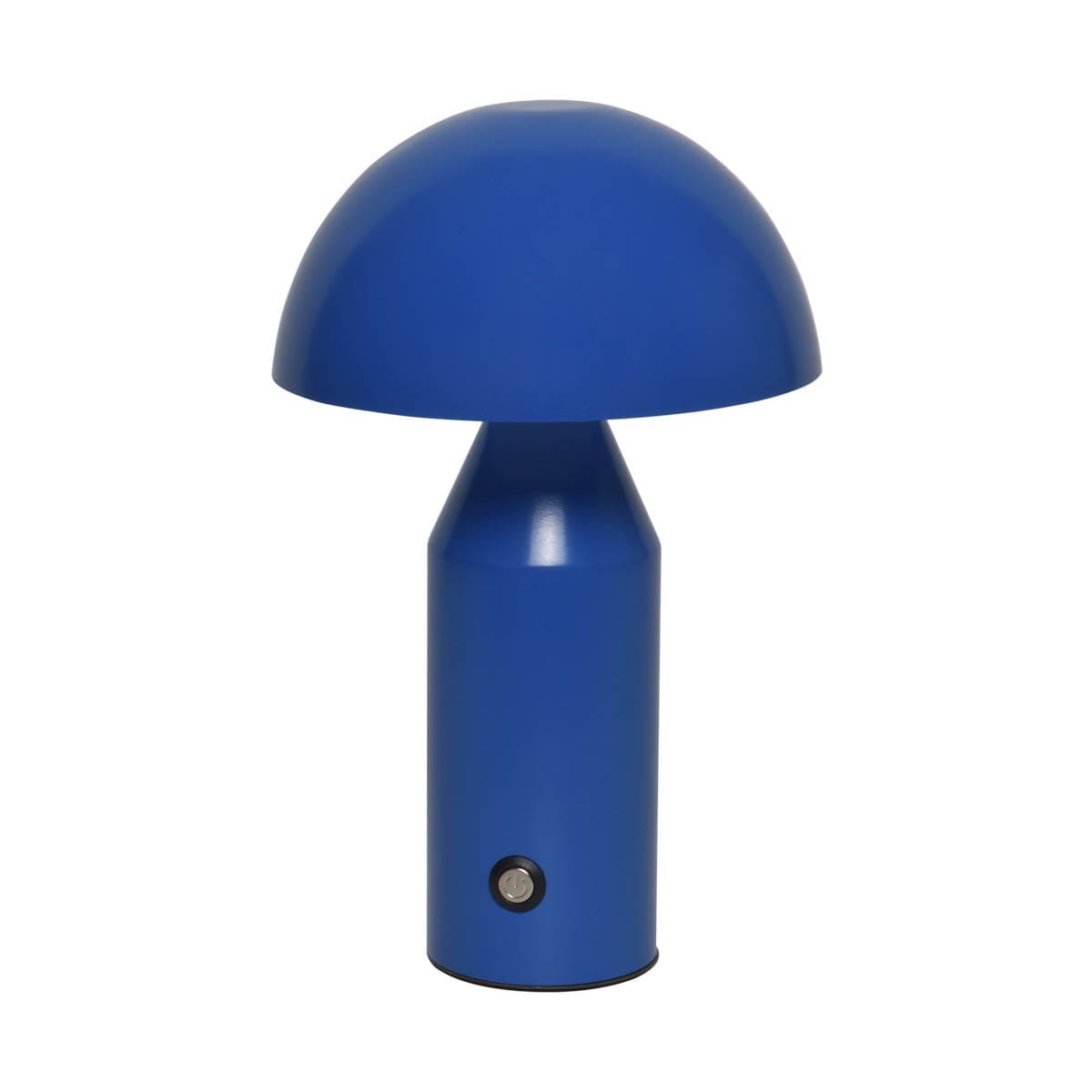 Lampa stołowa w kolorze niebieskim, z okrągłym kloszem i cylindryczną podstawą. Posiada wbudowane oświetlenie LED o mocy 2W. Widoczny przycisk włączania na podstawie. Ujęcie frontalne, ukazujące całą konstrukcję.