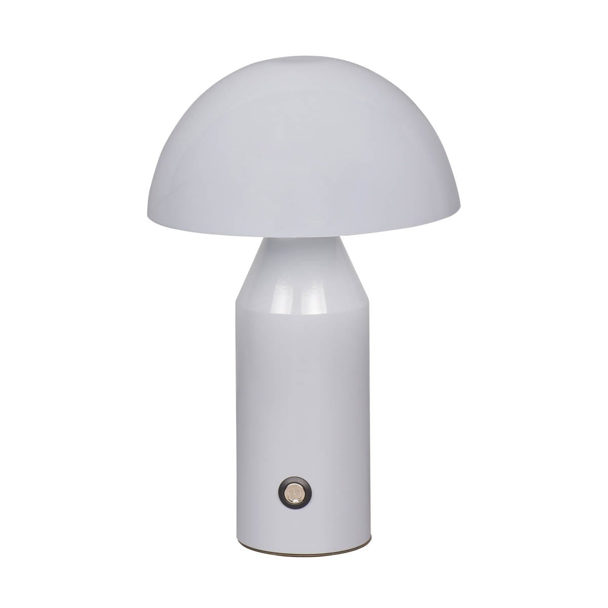 Lampa stołowa o szarej obudowie z zaokrąglonym kloszem, z wbudowanym źródłem światła LED 2W. Stoi w pozycji pionowej, z widocznym przyciskiem włączania na podstawie. Prosty, nowoczesny design, idealna do różnych aranżacji wnętrz.