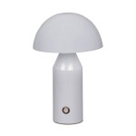 Lampa stołowa o szarej obudowie z zaokrąglonym kloszem, z wbudowanym źródłem światła LED 2W. Stoi w pozycji pionowej, z widocznym przyciskiem włączania na podstawie. Prosty, nowoczesny design, idealna do różnych aranżacji wnętrz.