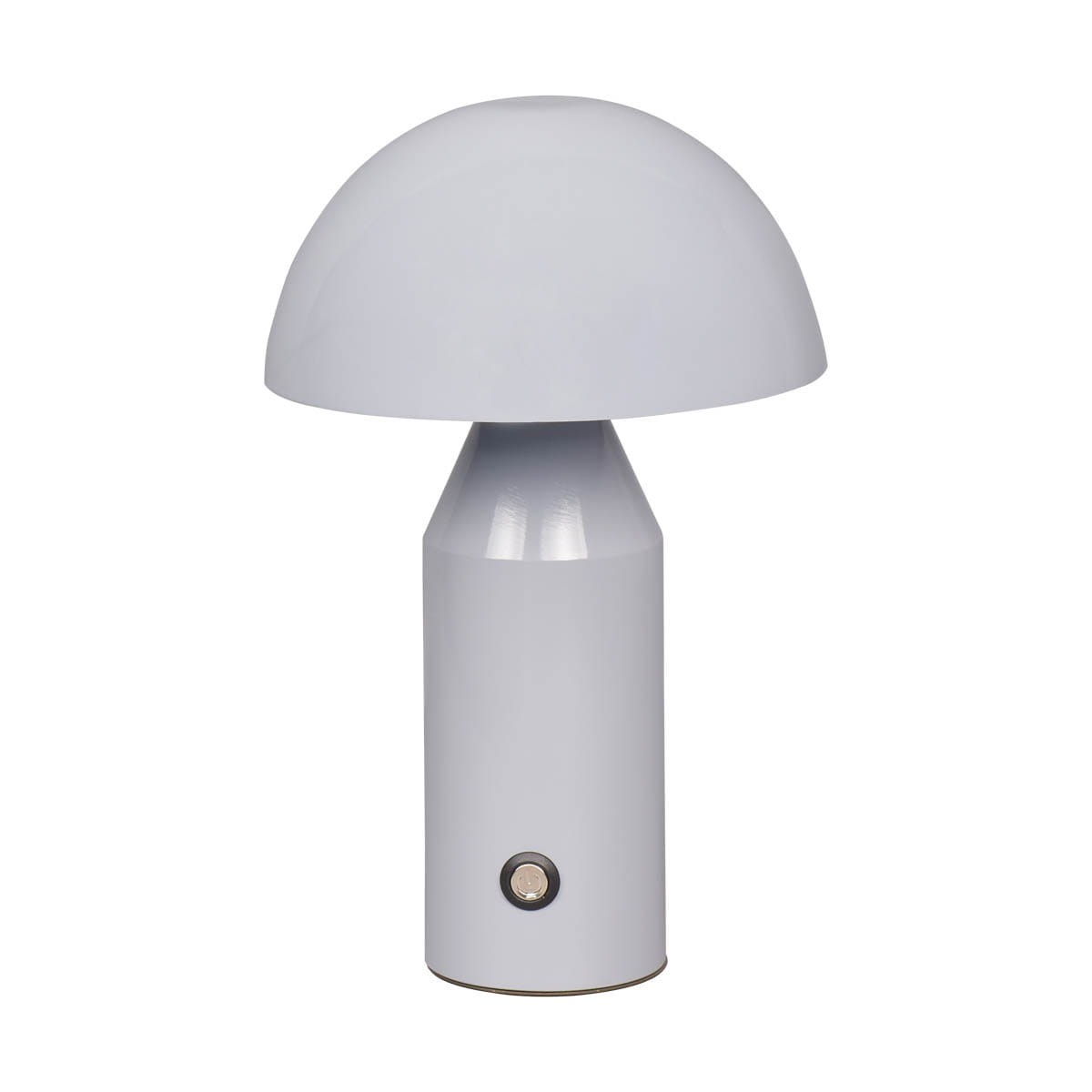 Lampa stołowa Dorbia 1xLED 2W w kolorze szarym. Wyposażona w okrągły klosz i cylindryczną podstawę z przyciskiem włączania. Prosty, nowoczesny design, idealna do biura lub sypialni. Ujęcie frontalne, stojąca na jednolitym tle.