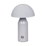 Lampa stołowa Dorbia 1xLED 2W w kolorze szarym. Wyposażona w okrągły klosz i cylindryczną podstawę z przyciskiem włączania. Prosty, nowoczesny design, idealna do biura lub sypialni. Ujęcie frontalne, stojąca na jednolitym tle.