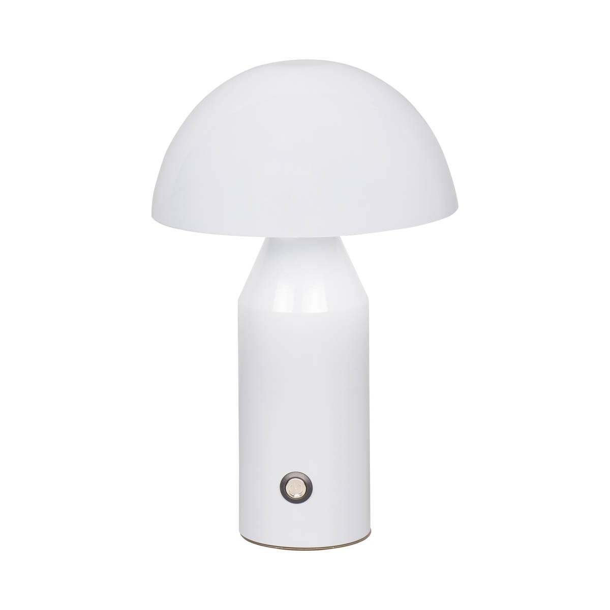Lampa stołowa Dorbia w kolorze białym, z okrągłym kloszem i cylindryczną podstawą. Posiada wbudowane źródło LED 2W. Widoczny przycisk na podstawie do włączania. Ujęcie frontalne z boku, pokazujące całą lampę.