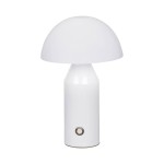 Lampa stołowa Dorbia w kolorze białym, z okrągłym kloszem i cylindryczną podstawą. Posiada wbudowane źródło LED 2W. Widoczny przycisk na podstawie do włączania. Ujęcie frontalne z boku, pokazujące całą lampę.