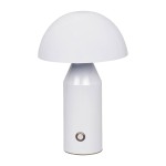 Biała lampa stołowa z LED 2W, charakterystyczna zaokrąglona głowica, cylindryczna podstawa z metalicznym przyciskiem. Ujęcie frontalne, lampa stoi na płaskiej powierzchni.
