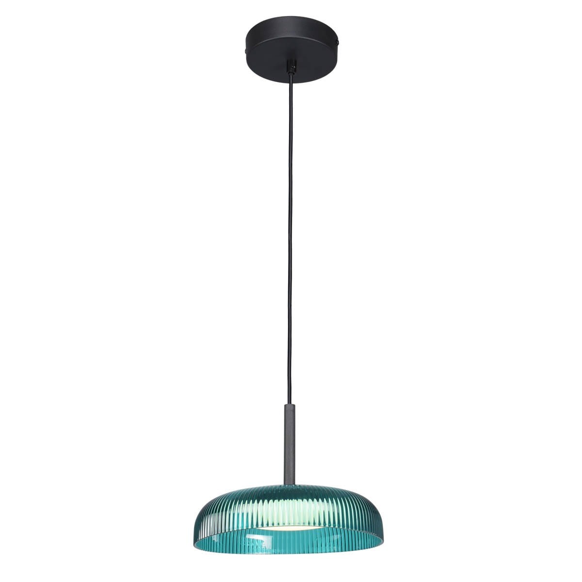 Lampa wisząca Colle 1xLED 12W w kolorze czarnym z zielonym kloszem. Klosz o zaokrąglonym kształcie z wyraźnym teksturowaniem, zawieszona na czarnym przewodzie. Całość montowana na okrągłej, czarnej podsufitce.