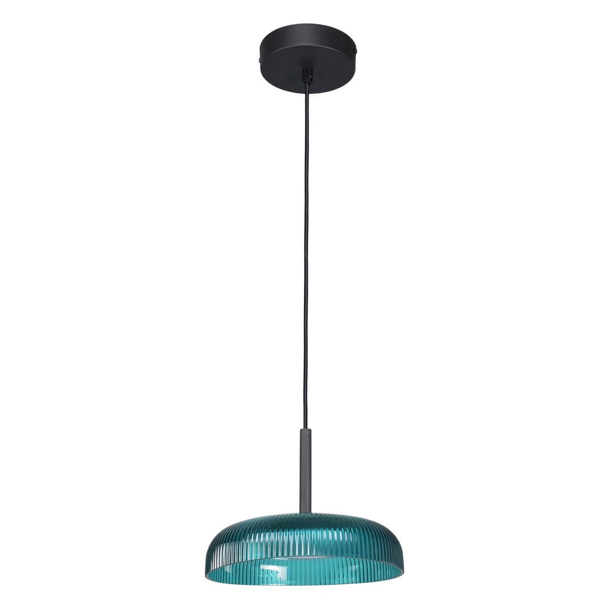 Lampa wisząca Colle z czarnym stelażem i zielonym kloszem LED 12W. Klosz ma teksturowaną powierzchnię i okrągły kształt, zawieszona na długim kablu. Idealna do nowoczesnych wnętrz.